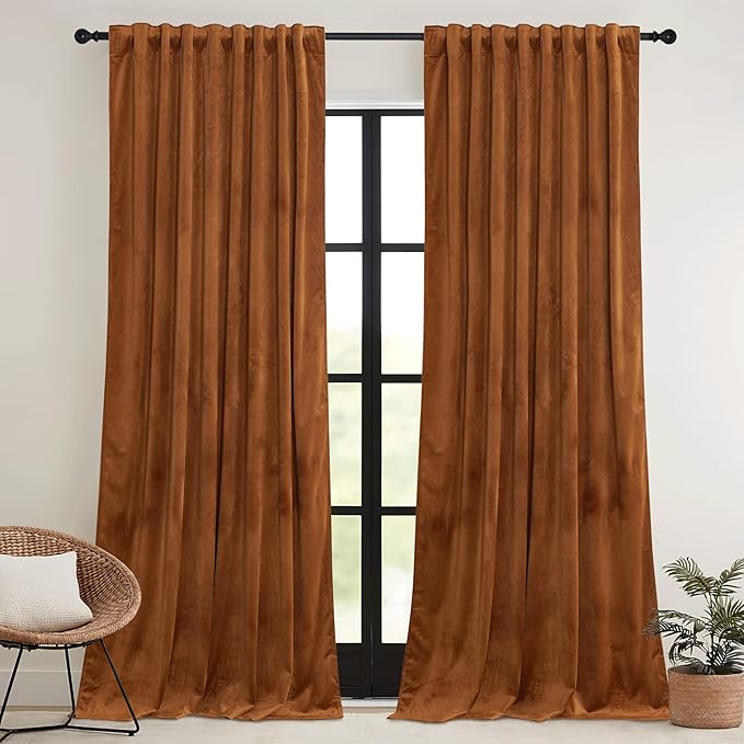 RYB HOME Fall Curtains Burnt Orange Velvet Curtains, Light Blocking, Thermal Insulated, Terracotta Luxury Window Treatment Privacy Backdrops for Bedroom Living Room, 52 inch x 84 inches, 2 Panels