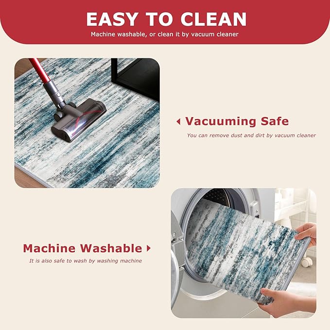 KOZYFLY Modern Abstract Small Area Rugs 2x3, Washable Kitchen Rug Non-Slip Soft Small Bathroom Rug, Blue Striped Entryway Rugs Print Faux Wool Doormat for Bedside Entrance Bedroom Sink