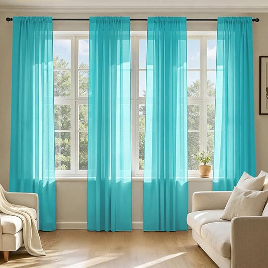 MIULEE Turquoise Sheer Curtains 90 Inches Long, 4 Panels Set, Light Filtering Rod Pocket Voile Drapes for Living Room and Bedroom, Airy Soft Fabric Window Treatments, 42 x 90 Inches