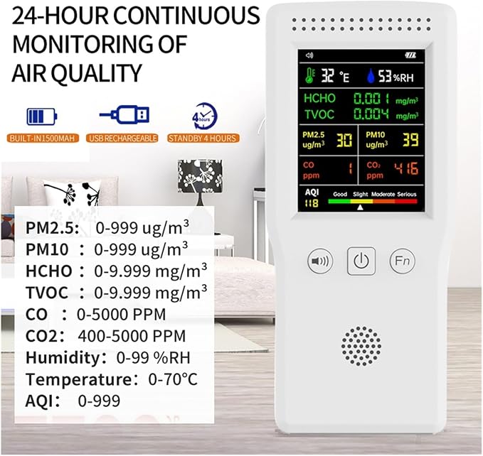 Air Quality Monitor, 9 In 1 Air Quality Detector Handheld CO2 Meter Temperature - Image 2