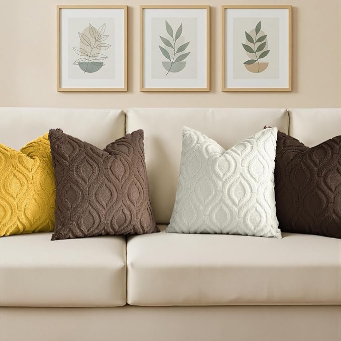 decorUhome Throw Pillow Covers 18x18 Inch Set of 2, Soft Plush Faux Wool Brown Solid Couch Pillow Covers, Accent Farmhouse Neutral Square Pillow Cases for Sofa Bed Living Room