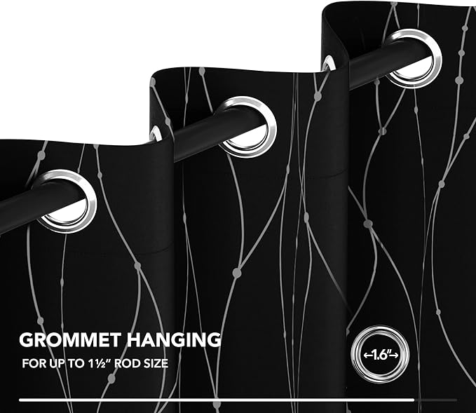 Deconovo Short Blackout Curtains, Black Drapes, Thermal Insulated Soundproof Grommet Curtain, Wave Line Dot Foil Print, 38 x 54 Inch, 2 Panels, Machine Washable Window Panel for Small Windows Kitchen