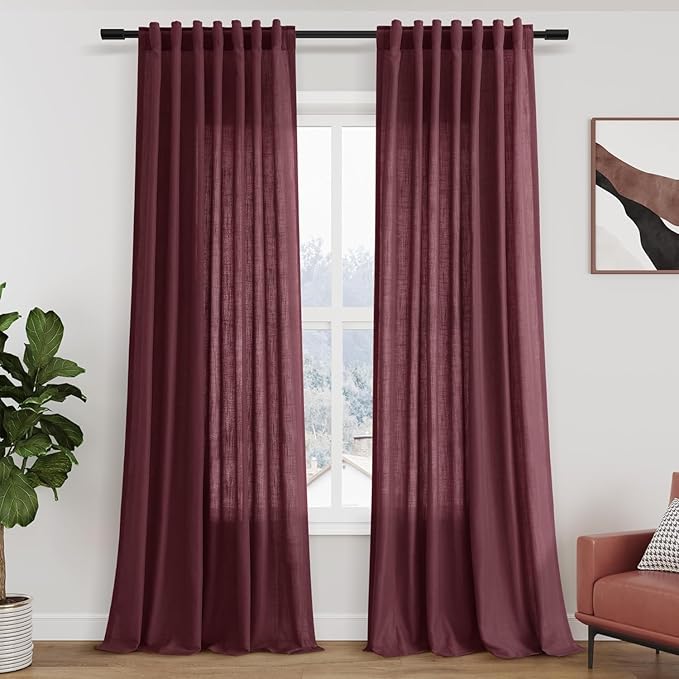 Nanspring Burgundy Linen Curtains for Living Room 126 Inches Long Light Filtering Semi Sheer Curtain Back Tab Vintage Boho Decor Drapes Floor to Ceiling High Window for Bedroom 52x126, 2 Panels