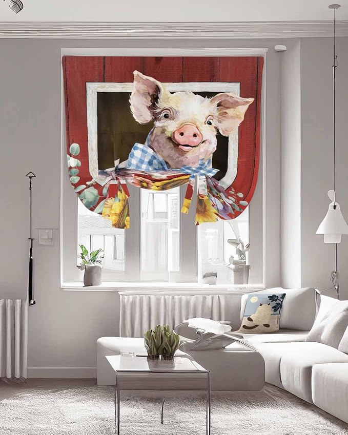 Tie Up Curtains for Windows, Pig Sunflowers Adjustable Balloon Nature Linen - Image 3
