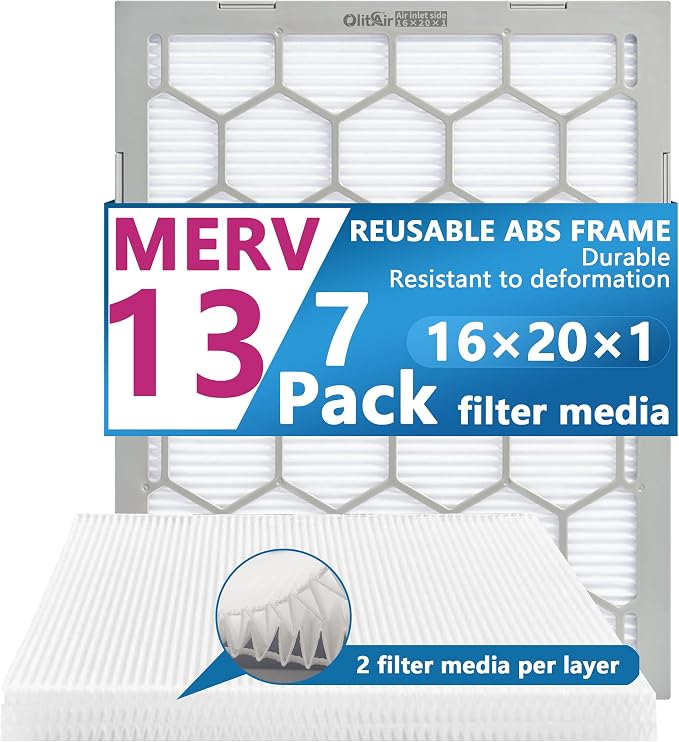 16x20x1 MERV 13 Air Filter, AC Furnace Air Filter, Reusable ABS Plastic Frame by OlitAir