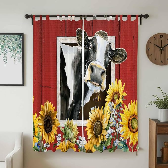 Cows Sunflowers Living Room Curtains 96 Inch Length, Window Curtains Tab Top - Image 2