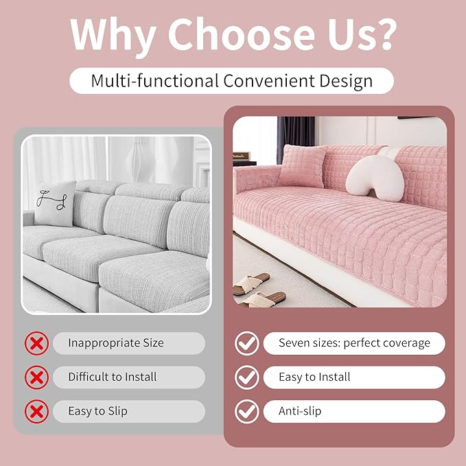 Velvet Couch Cover, Washable Sectional Sofa Cover, Anti Slip Sofa Slipcover for 3 Cushion Couch Sofa L Shaped Armrest Backrest, Furniture Protector Covers for Pets Kids(1PC,Pink,36"×63")