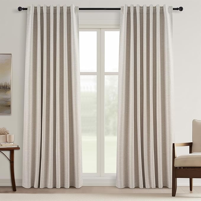 Topfinel 95 Inches Long Blackout Natural Linen Curtains for Bedroom Rustic Brown Pinch Pleat Sound Blocking Curtains Boho Farmhouse Lined Drapes 2 Panels for Living Room Sliding Door