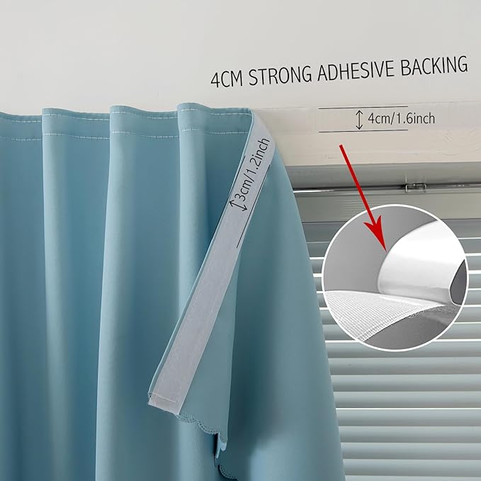 Self Adhesive Curtains, Black Out Shade for Window, Blackout Fabric Temporary Window Coverings Easy to Hang Curtains No Rod Needed, Use for Bedroom, Room, Kitchen, 35"W X 79"L, Lake Blue, 1 Panel