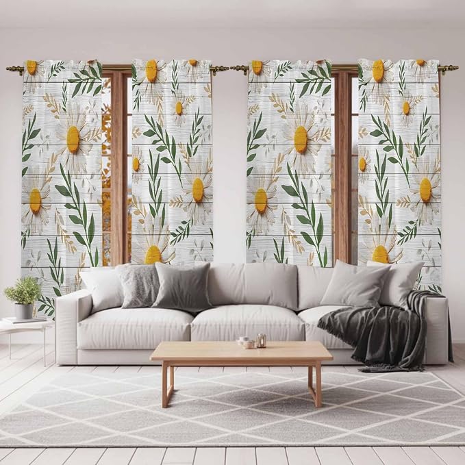 Spring Daisy Kitchen Curtains, Farmhouse Country Flower Leaf Plant Wood Grain - Image 7