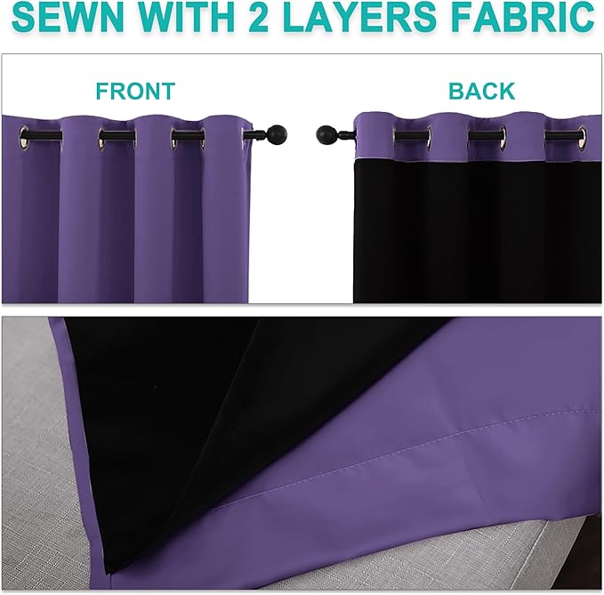 NICETOWN Total Shade Curtains and Draperies, Heavy-Duty Full Light Shading Drapes with Black Liner Backing for Villa/Hall/Dorm Window（Lilac Purple, Package of 2 Panels, 62 inches Wide x 95 inches Long
