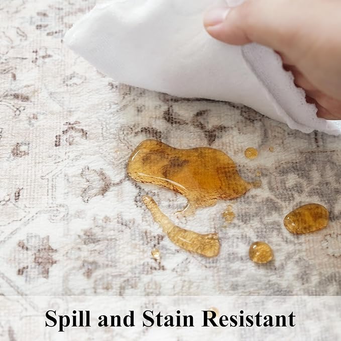 10x14 Washable Vintage Area Rug - Large Rugs for Living Room Soft Stain Resistant Carpet with Non-Slip Backing Low Pile Water Resistant Rug for King Size Bed Pet Friendly Home Decor Mat(10x14 Beige)