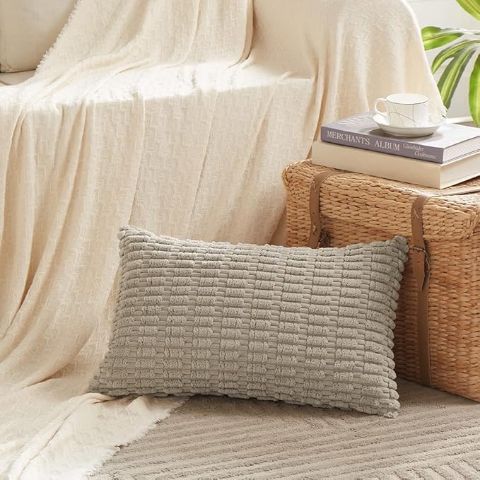 Fancy Homi 4 Packs Neutral Boho Long Lumbar Decorative Throw Pillow Covers 16x32 Inch for Couch Sofa, Rustic Farmhouse Boho Neutral Home Decor, Soft Plush Striped Corduroy Square Cushion Case 40x80 cm