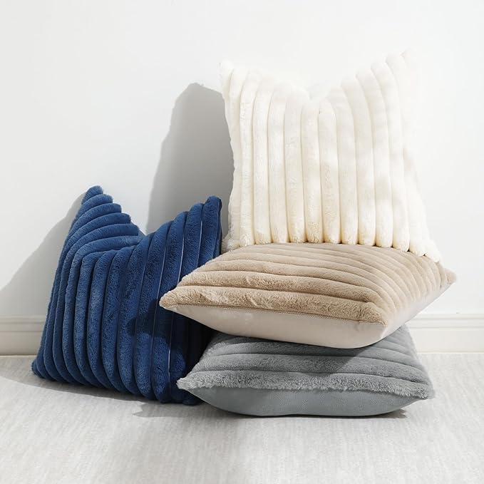 decorUhome Cozy Faux Fur Throw Pillow Covers 16x16 Set of 2 Decorative Soft Plush Striped Modern Farmhouse Boho Couch Pillow Cases with Velvet Back for Sofa Bed Living Room, Blue