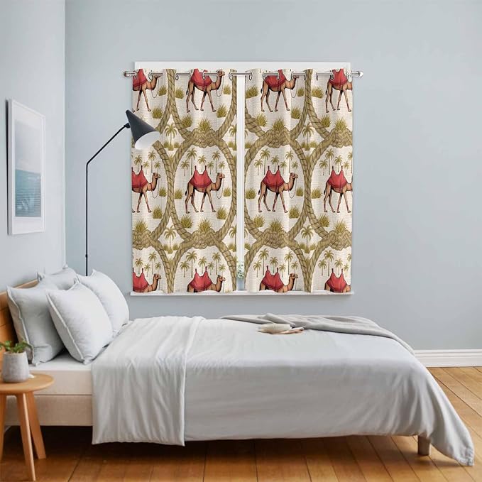 2 Panel Kitchen Cafe Curtains, Camels Palm Trees Sunlight Filtering Nature Air - Image 4