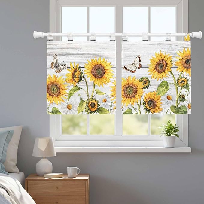 Yellow Sunflowers Kitchen Curtains 36 Inch Length, Small Window Curtains Tab Top - Image 9