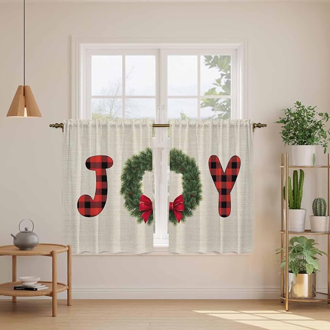 Red Green Christmas Kitchen Curtains 54 Inch Long 2 Panel Set, Rod Pocket - Image 3