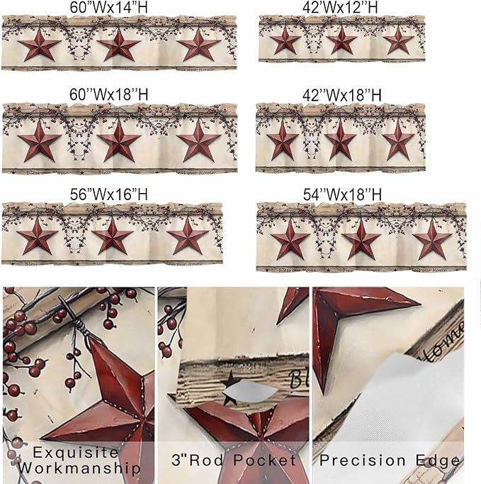 Farmhouse American Valances for Windows, Country Star Berries Vintage Wood - Image 9