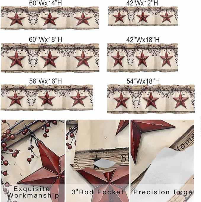Farmhouse American Valances for Windows, Country Star Berries Vintage Wood - Image 9