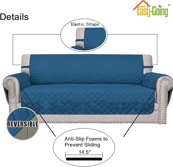 Easy-Going Reversible Couch Cover for 3 Cushion Couch Sofa Cover for Dogs Water Resistant Furniture Protector Cover with Foam Sticks Elastic Straps for Pet Cat (Sofa, PeacockBlue/Beige)