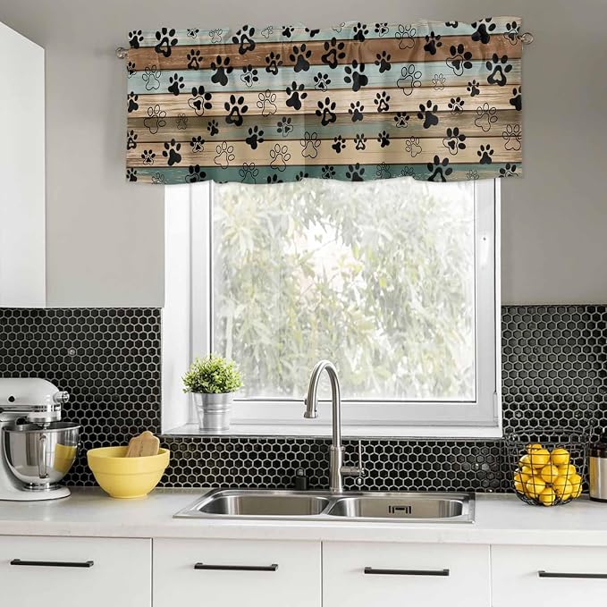Dog Paws Valance Curtains for Kitchen, Teal Brown Wood Grain Privacy Rod Pocket - Image 5