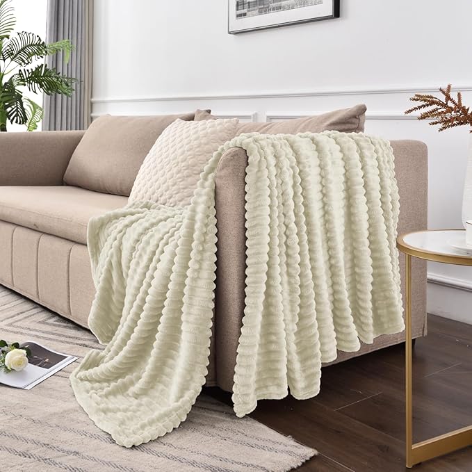 BEDELITE Fleece Blanket Queen Size – 3D Ribbed Jacquard Soft and Warm Decorative Fuzzy Blankets – Cozy, Fluffy, Plush Lightweight Throw Blankets for Couch, Bed, Sofa(Beige, 90x90 inches)