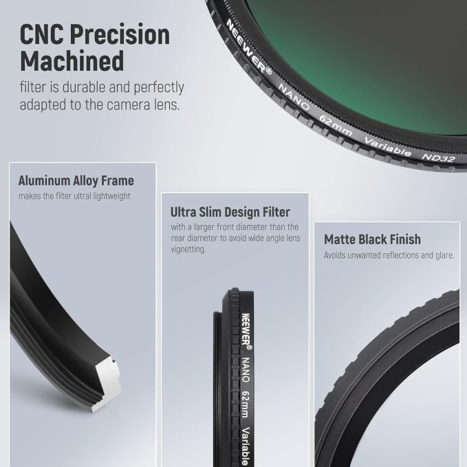 NEEWER 62mm HD Variable ND Filter ND2-ND32 No X Cross/Optical Glass/30 Layer - Image 6