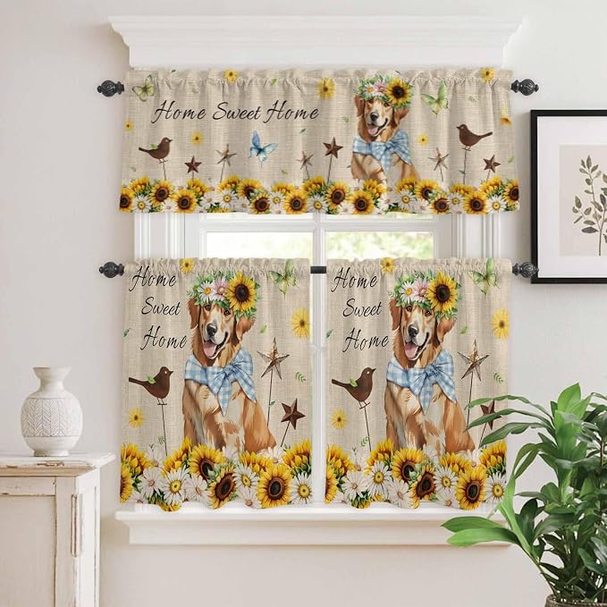 Kitchen Curtains Tiers and Valance Set of 3, Sunflowers Dog Light Filtering - Image 2