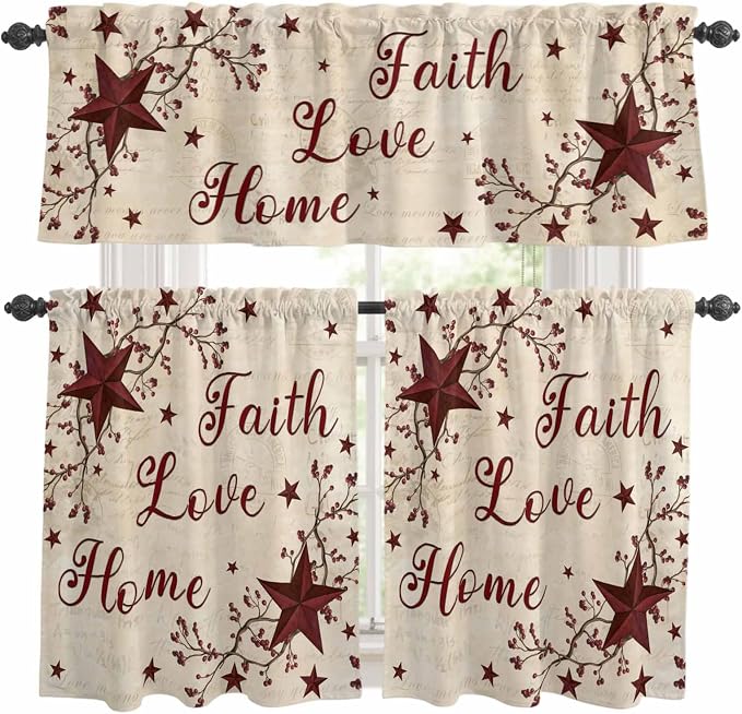 Kitchen Curtains Tiers and Valance Set of 3, Vintage Country Light Filtering by Anzona