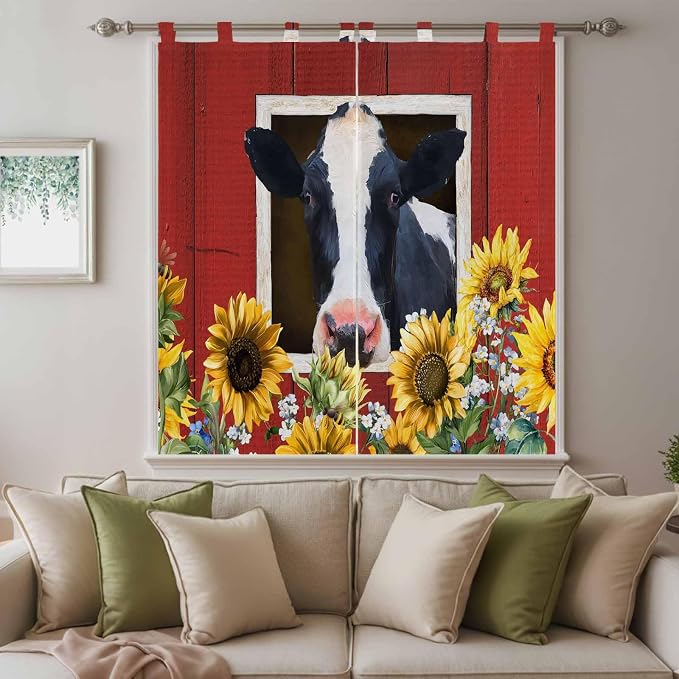 Cow Sunflowers Bedroom Curtains 72 Inch Length, Window Curtains Tab Top - Image 9