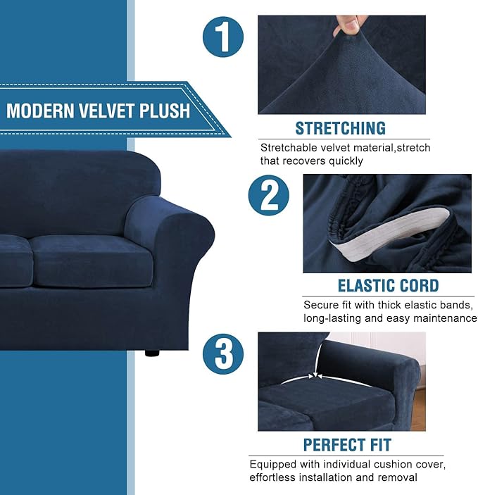 H.VERSAILTEX Real Velvet Plush 3 Piece Stretch Sofa Covers Couch Covers for 2 Cushion Couch Loveseat Covers Width Up to 72 Inch Feature Thick Soft Stay in Place (Medium Sofa, Navy)