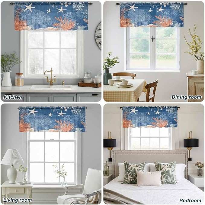Ocean Corals Sheer Valance Curtains, Summer Beach Coral Sea Stars Dark Blue - Image 9