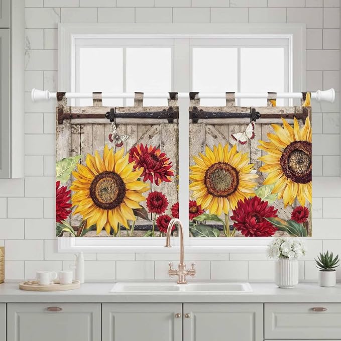 Sunflowers Kitchen Curtains 24 Inch Length, Small Window Curtains Tab Top - Image 3