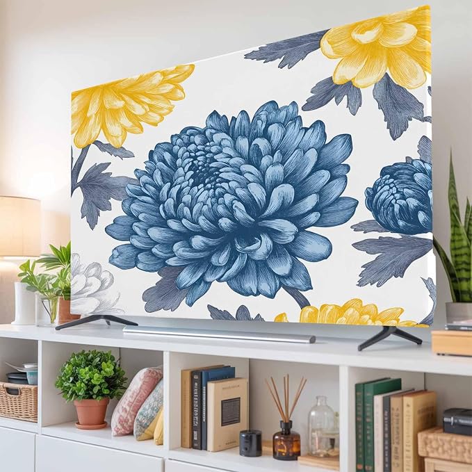 Pastoral White Blue Yellow Flower Indoor TV Cover, Elastic TV Screen Protector - Image 6
