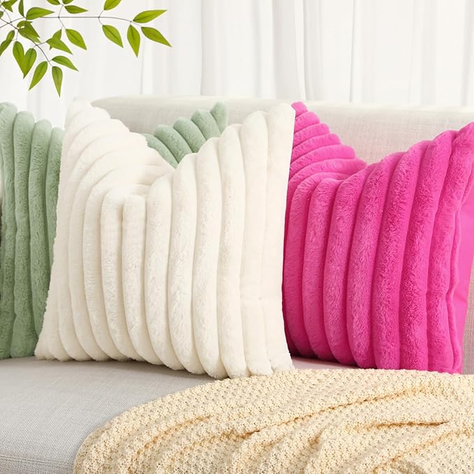 decorUhome Summer Cozy Faux Fur Throw Pillow Covers 22x22 Set of 2 Decorative Plush Striped Modern Farmhouse Boho Couch Euro Sham Pillow Cases with Velvet Back for Sofa Bed Living Room, Sage Green