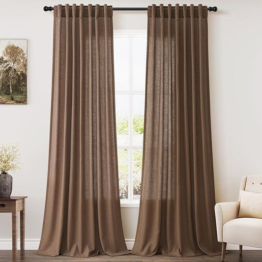 Nanspring Extra Long Caramel Brown Linen Curtains 2 Panels 102 Inches Long for Dinning Room Back Tab Light Filtering Semi Sheer Drapes Cotton Linen Textured Window Curtain 102 Inch Length for Bedroom