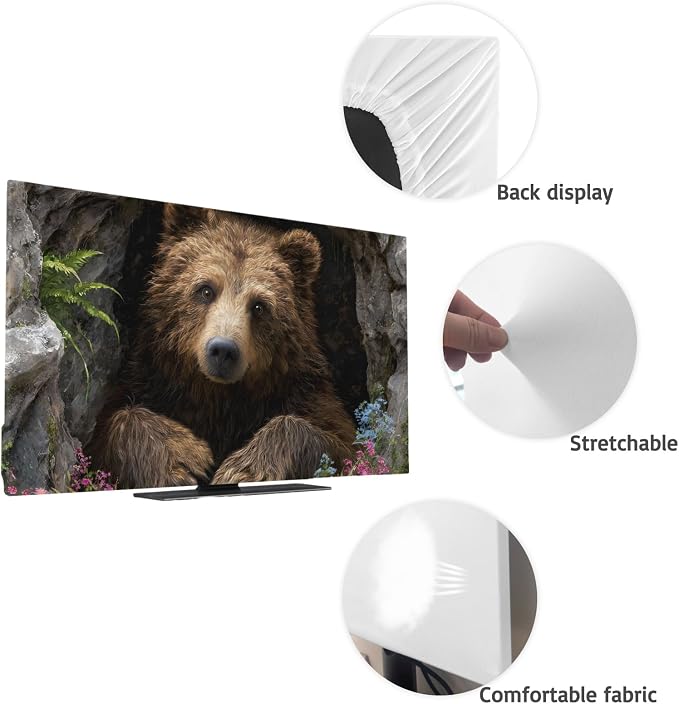 Brown Bear Rustic Wildflowers Cave Indoor TV Cover, Elastic TV Screen Protector - Image 7