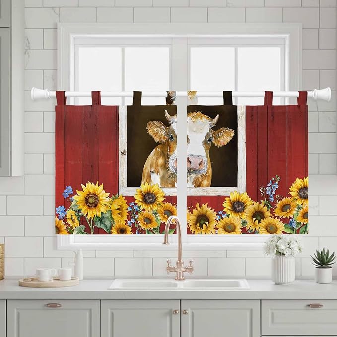 Cows Sunflowers Kitchen Curtains 36 Inch Length, Small Window Curtains Tab Top - Image 3