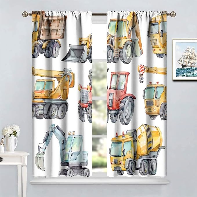 Kids Excavator Curtains, Retro Truck Tractor Machinery Construction Vehicle - Image 2