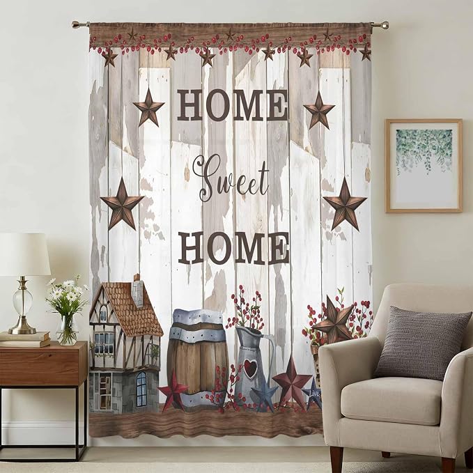 Farmhouse Sheer Curtains 54 Inch Length Retro Country Star Berry Vintage Wood - Image 3