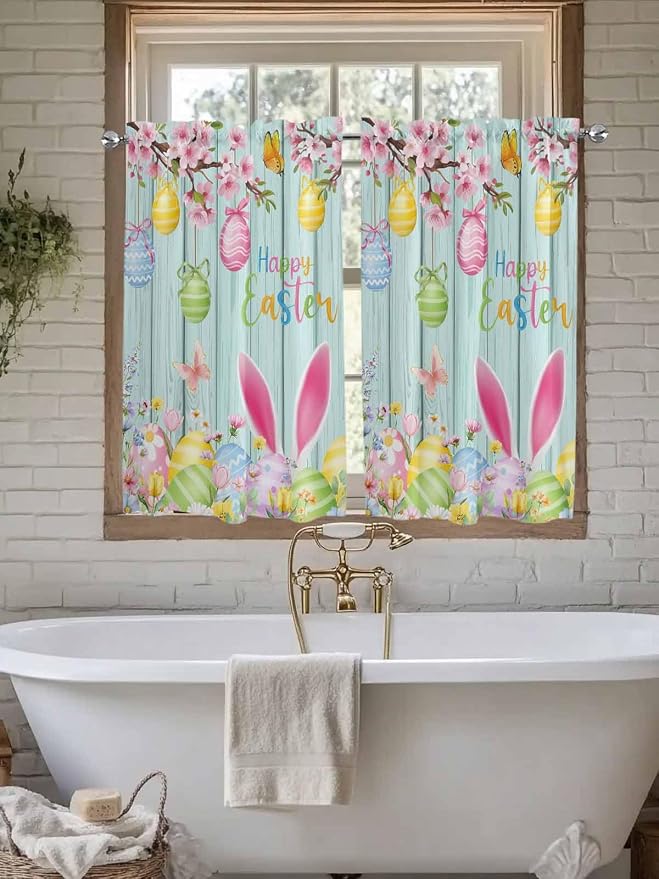 Happy Easter Kitchen Curtains 45 Inches length, Spring Bunny Eggs Flower Teal - Image 7