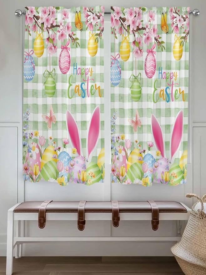 Happy Easter Bedroom Curtains 63 Inches length, Spring Bunny Eggs Flower Sage - Image 4