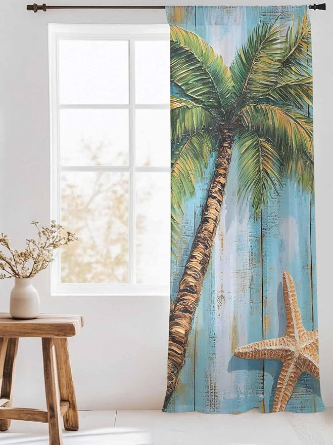 Sheer Curtains 108 Inches Long, Coastal Beach Tree Semi Sheer Curtains Light - Image 3
