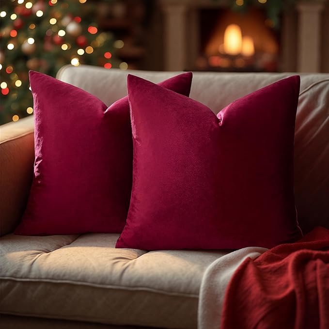 GIGIZAZA Velvet Pillow Covers 20x20: Pack of 2 Throw Pillows Soft Solid Covers - Burgundy Decorative Couch Small Cushion Covers Used for Chrismas Room Decor,Living Room,Bedroom,Sofa