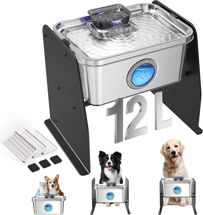 12L/3.2Gal Dog Water Fountain Elevated, Stainless Steel Pet Water Fountin by FICUSWIN