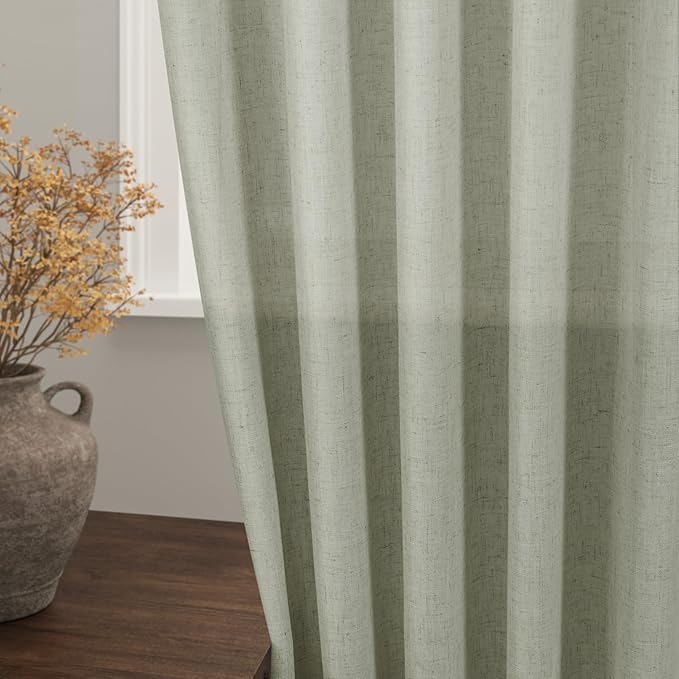 Sage Curtains 90 inches Long 2 panels for Living Room Back Tab Rod Pocket Semi Sheer Linen Draperies Muted Neutral Sage Green Room Decor Earth Tone Pale Green Curtains for Diningroom Bedroom Office