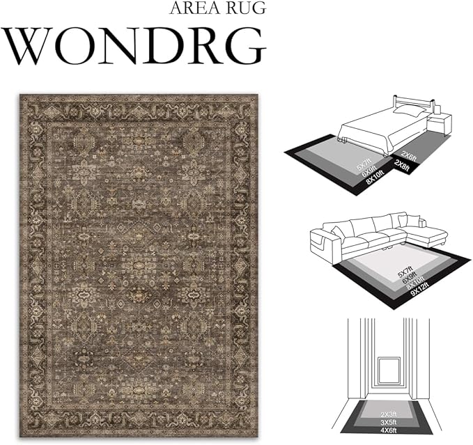9x12 Washable Area Rug for Living Room Bedroom Vintage Brown Non Slip Carpet Traditional Retro Soft Low Pile Large Throw Rug for Dining Room Kitchen Office Indoor