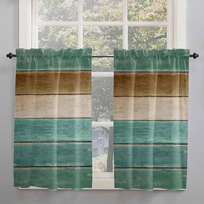 Vintage Plank Turquoise Brown Window Valance Curtains, Farmhouse Wood Grain by IDOWMAT