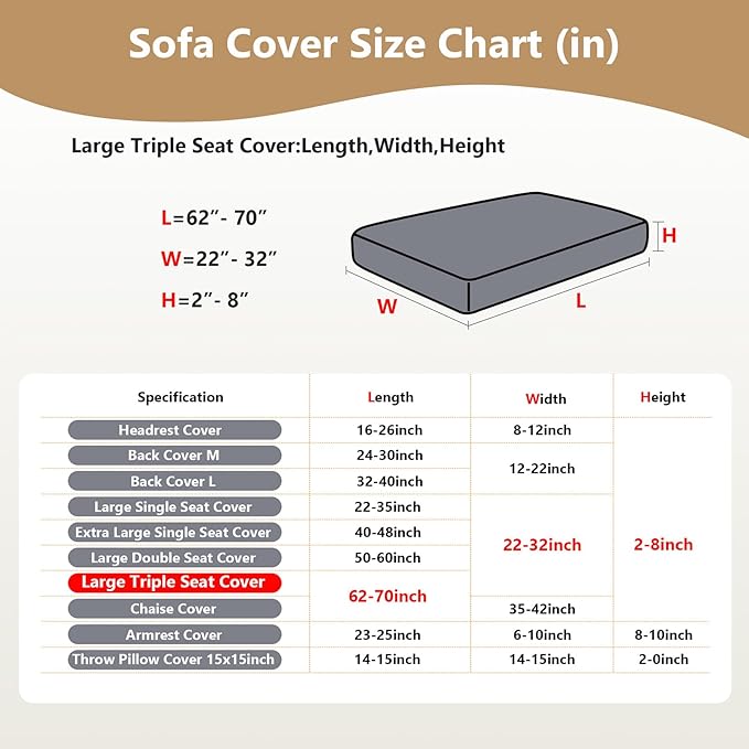 Couch Cushion Covers for Sofa Couch Covers Wear-Resistant Universal Sofa Cover Washable Stretch for Sectional Slipcovers (Texture-Brown,Large Triple Seat Cover)