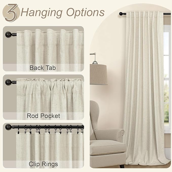 Farmhouse Style 94 Inch Curtains for Living Room Drapes Back Tab Pleated Linen Blackout Earthy Curtain Heat Blocking Black Out Window Treatment Master Bedroom Sunroom 2 Burg Panel 94 Long Length Beige